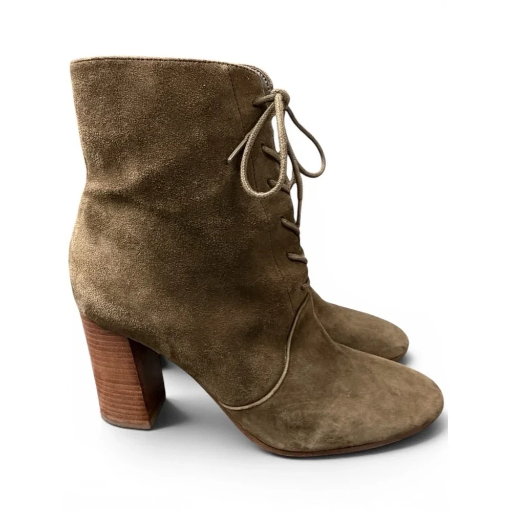 Marc Fisher‎ Ankle Boots Womens 10 Olive Green Suede Lace Up Side Zip Block Heel